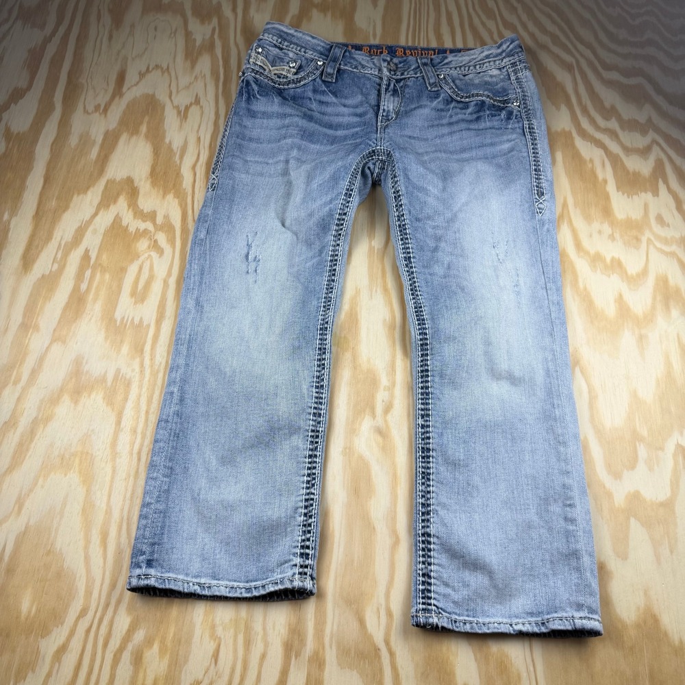 Rock Revival Ella Capri Jeans Womens 30 Light Wash Blue Denim Distressed E8840P3